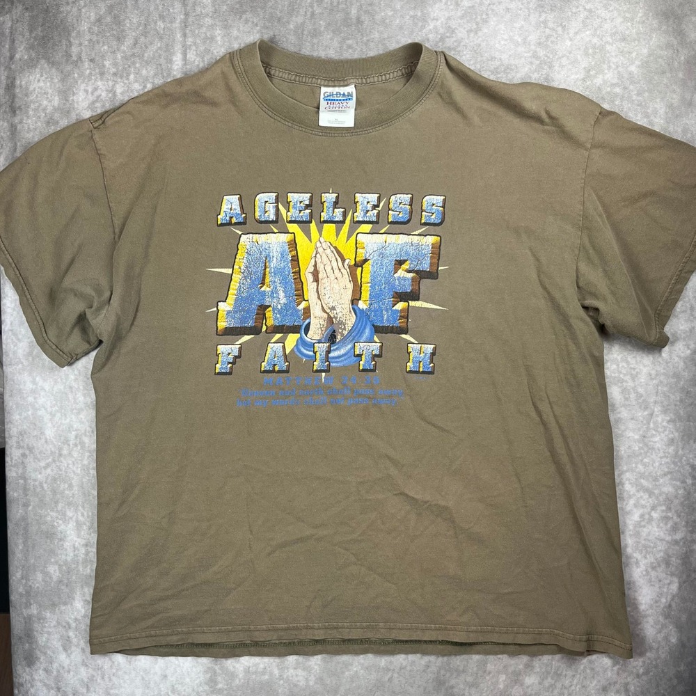 Gildan Ageless Faith AF Matthew 24:35 Graphic T-Shirt Mens XL Brown Short Sleeve